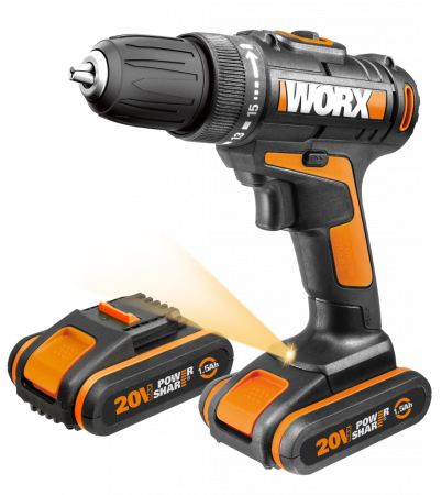 Дрель-шуруповерт WORX WX101.9 аккумуляторная 20В, 30Нм, 2 аккумулятора по 1,5 Ач + зарядное устройство, в кейсе