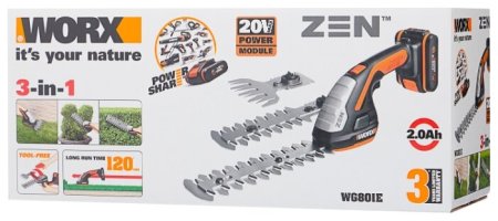 Ножницы для стрижки травы и кустарников в комплекте с тяпкой WG801E.5, c АКБ 1*2Ач и ЗУ, 1 аккумулятор 2 Ач + зарядное устройство