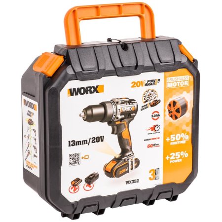 Дрель-шуруповерт ударная WORX WX352.9 аккумуляторная бесщеточная, 20В, Без аккумулятора и зарядного устройства
