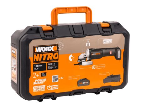 Угловая шлифмашина бесщёточная аккумуляторная WORX WX813, 115мм, 20В, 4Ач х1, ЗУ 2А