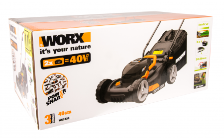 Газонокосилка аккумуляторная WORX WG743E.9, 40V Li Lawn Mower, 40см, 2 аккумулятора по 4 Ач + двойное ЗУ 2x2A