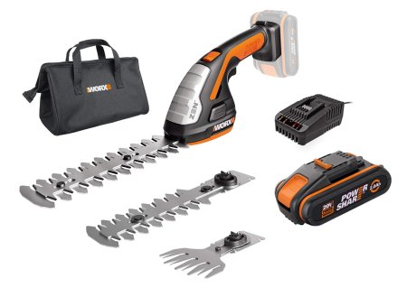 Ножницы для стрижки травы и кустарников в комплекте с тяпкой WG801E.5, c АКБ 1*2Ач и ЗУ, 1 аккумулятор 2 Ач + зарядное устройство