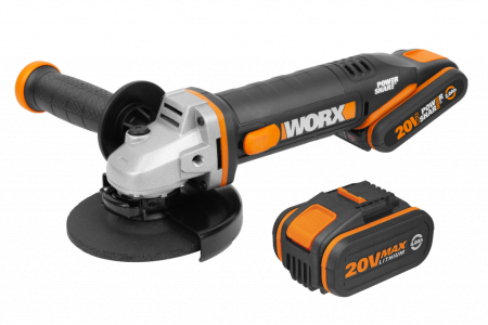 Угловая шлифмашина WORX WX803.9 аккумуляторная 20V, 125мм, 2 аккумулятора на 2 Ач и 4 Ач + зарядное устройство, в кейсе