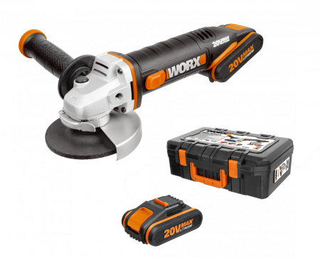 Угловая шлифмашина WORX WX800.9 аккумуляторная 20V, 115мм, 2 аккумулятора по 2 Ач + зарядное устройство, в кейсе