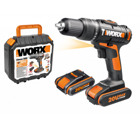 Дрель-шуруповерт ударная WORX WX371.3 аккумуляторная 20V 40Нм, с двумя АКБ на 1.5Ач и ЗУ в 0,4А, 2 аккумулятора по 2 Ач + зарядное устройство, в кейсе