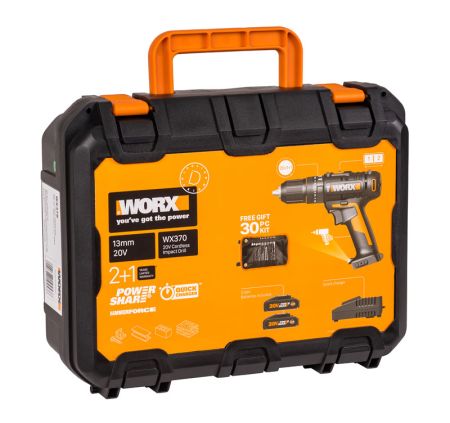 Дрель-шуруповерт ударная аккумуляторная WORX WX370, 50Нм, 20В, 2Ач x2, ЗУ 2А, кейс